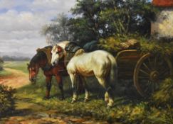 19th Century Dutch School, oil on board, Work horses grazing beside a cart, signed 'B.Kyten' to