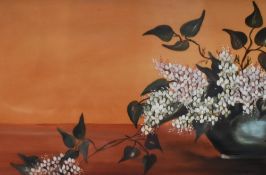 19th/20th Century School, oil, A still life arrangement depicting white lilac flowers in a lustre