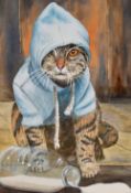 J.O. Swinn (20th Century/Contemporary), watercolour/gouache, Two illustrations - Cat Wearing Blue