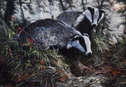After Dorothea Buxton-Hyde (b.1942, British), coloured print, 'Exploring' - a study of badgers,