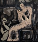 After Henry Moore (1898-1986, British), print on fabric, 'Mere Assise et Enfant', framed and under