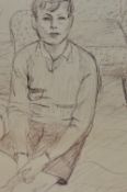 20th Century School, pen sketch, A 1930s portrait of a boy sitting by a chair, framed and under