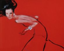 After David Downton (b.1959, English fashion illustrator), coloured print, A lady in red dress, a