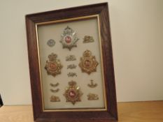 A framed collection of Helmet Plates, Shoulder Titles and Badges, Kings Own & Royal Lancaster,