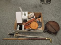 A collection of reproduction Military related items including, Knives, Daggers, wooden water bottle,