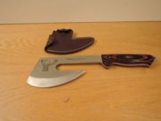 A Spannish Ixtor Hacheta (hatchet), with leather scabbard, blade length 14cm, overall length 32cm