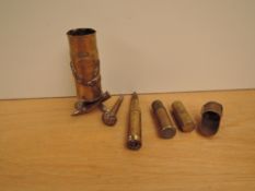 Six items of Trench Art, Shell and bullet made into a small vase, two small shell made into a