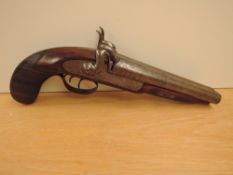 A 19th century Double Barrelled Percussion Pistol having chequered wooden grip, plain circular