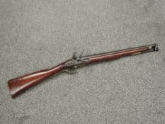 A 19th century Flintlock Rifle, lock plate marked ALLPORT, Crown, top of barrel marked M B 28, proof