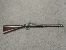 An Enfield Two Percussion Rifle, two bands, lock plate marked 1868 TOWER, Crown over VR, proof marks