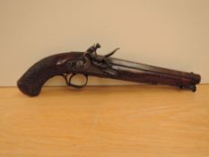 A 19th Century Prosser Flintlock Pistol having fish tailed chequered grip, makers name to side