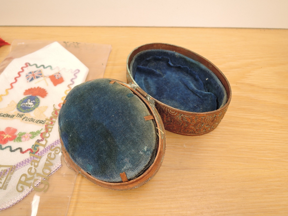 A metal decorated oval box with Kings Own embroidered Lion on lid along with two Lancashire - Image 3 of 3