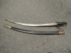 An Indian Calvary Sword having decorated curved blade MADE IN INDIA, wood and wire grip with pierced