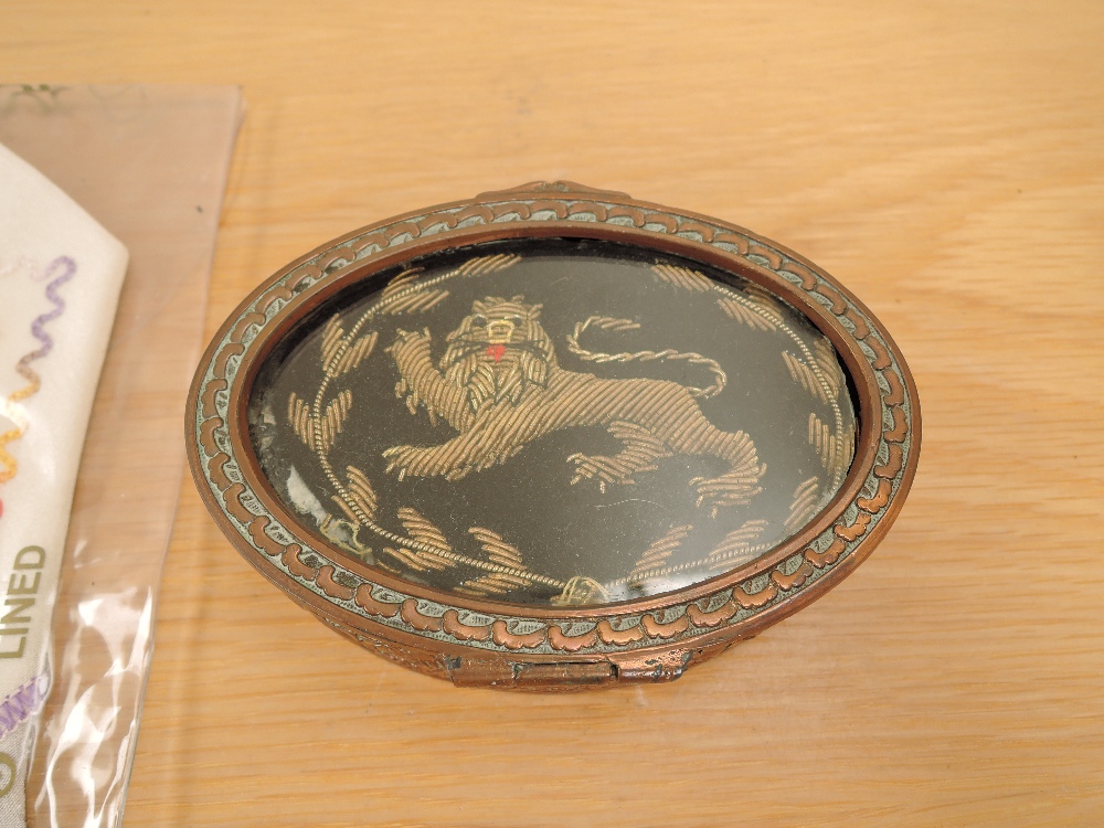 A metal decorated oval box with Kings Own embroidered Lion on lid along with two Lancashire - Image 2 of 3