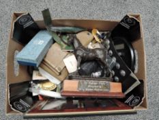 A box of Military items including Buttons, Medals, Pistol Holster, Pen, Money Box, Horse Trophy,