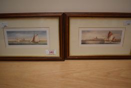 Two framed coloured prints of maritime scenes depicting fishing boats each measuring 16cm x 26cm