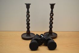 A pair of Mark Scheffel 10x50 Field of View 97m x 1000m binoculars and two wooden twisted stem