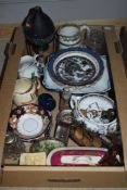 A miscellaneous selection of items including a Denby blue mustard pot, a lidded glass pot, a small