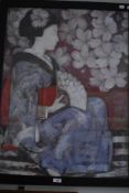 20th Century Japanese School, coloured print, A seated Geisha girl with fan, framed and under glass,