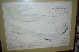 A framed coloured print of the Old Course at St Andrews golfing interest measuring 54cm x 74cm