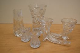 Six pieces of cut glass and crystal including small vase, two cornucopia's and a bud vase etc.