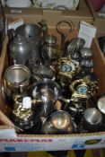 Approximately six vintage trophies, a HM stamped walking stick collar, a hunting theme pewter