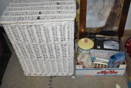 a miscellaneous selection of items including a tall bathroom hamper, a large biscuit jar, a