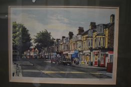 A coloured print of Princes Crescent in Bare signed Dakyne measuring 36cm x 44cm