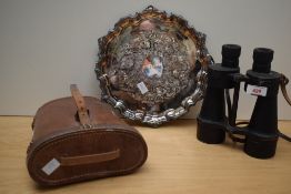 A pair of vintage field binoculars with leather case and a scalloped silver plated tray (engraved).