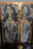 20th Century School, coloured prints, Two decorative illustrations of urns, displayed within