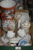 A Royal Worcester pin dish and match holder having muted floral decoration, a Jasperware pin dish, a