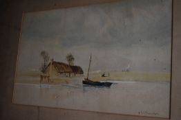 A mounted watercolour depicting a coastal cottage with boat to foreground signed H. English