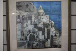 A framed print on fabric of a mediterranean citadel measuring 43cm x 43cm