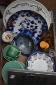 A Royal Doulton part tea service in green speckle glaze (8 pieces), a a studio pottery vase having
