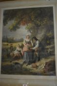 An aquatint engraving of a courting couple scene signed Busiere measuring 74cm x 84cm