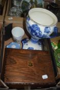 A mahogany lined keepsake box inlaid with Mother of Pearl, three items of Wedgwood Jasperware, a