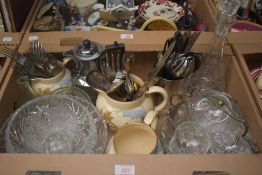 Three Sadler graduated hunting themed jugs, four assorted crystal/cut glass dishes, three brandy