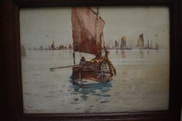 After Frank H. Mason (1875/6-1965, British), print, A maritime landscape with masted boat to the