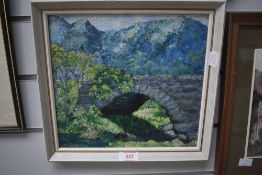 A 20th Century oil on board painting of a stone bridge signed Lou Dobson measuring 29cm x 29cm