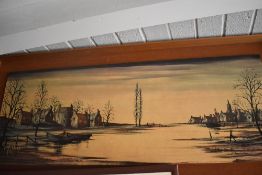 A large print on board of a river scene.