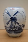 A large ovoid Delft design vase, hand decorated with typical windmill scene, 24cm U shaped hairline