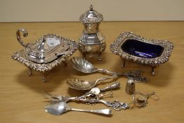 A small collection of silver and silver plated items, including silver flatware, a small trowel