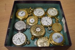 A collection of pocket watches, including open face and full hunter, some having decorative covers