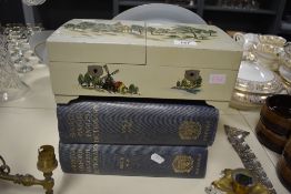 A pale green painted wooden jewellery box, containing an assortment of costume jewellery including a