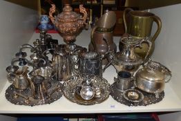 A selection of silver plated ware, to include candelabras, tea and coffee pots, and jugs, together