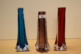 A Whitefriars glass Aubergine Eight-Sided vase, designed by Geoffrey Baxter, catalogue number
