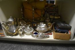 An assorted collection of silver plated ware, to include a half gadrooned teapot, hors d'oeuvres