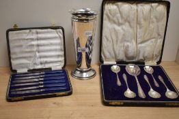 A 20th Century silver plated vase of tapering form with crimped rim, measuring 23cm high, and two