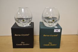 Two boxed Burns lead crystal candle holders hand engraved with aviation themed designs, each