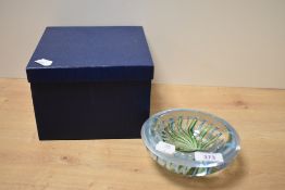 A Charlie Macpherson glass bowl of dished circular form with rounded base, broad rim and with two